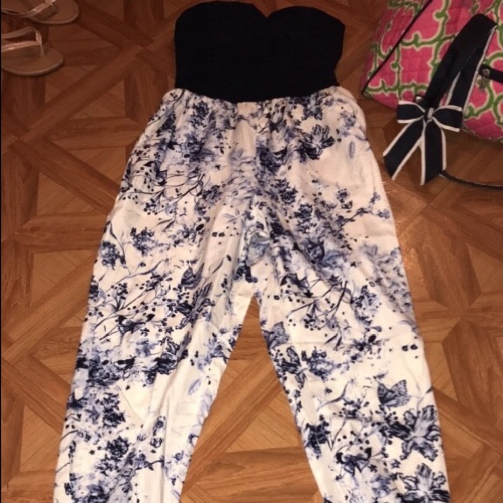 Strapless romper pant white and blue
